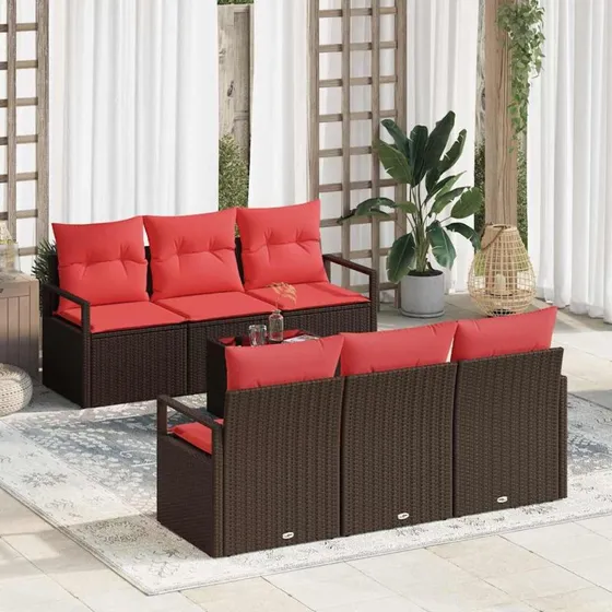 vidaXL 7-delssæt Poly Rattan Brun/Rød med Puder