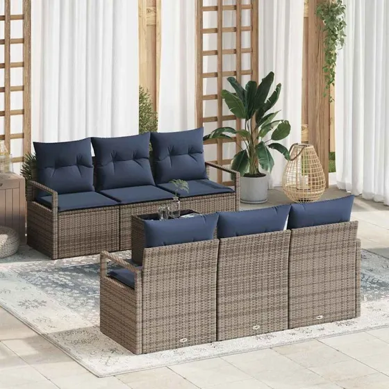 vidaXL Sofa Sæt 7 dels Grå/Marineblå Poly Rattan