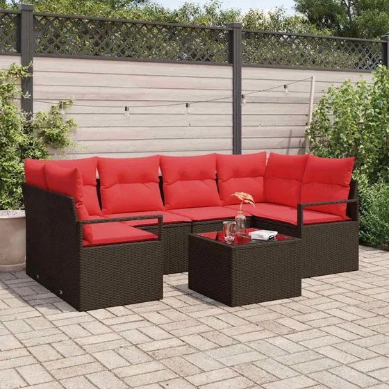 vidaXL 7-delssæt PolyRattan Brun/Rød Udendørs Sofa