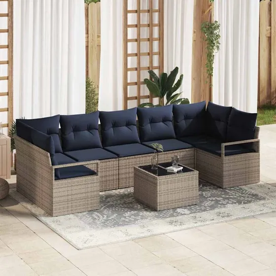 vidaXL 8-deligt grå polyrattan sofa sæt med hynder og bord
