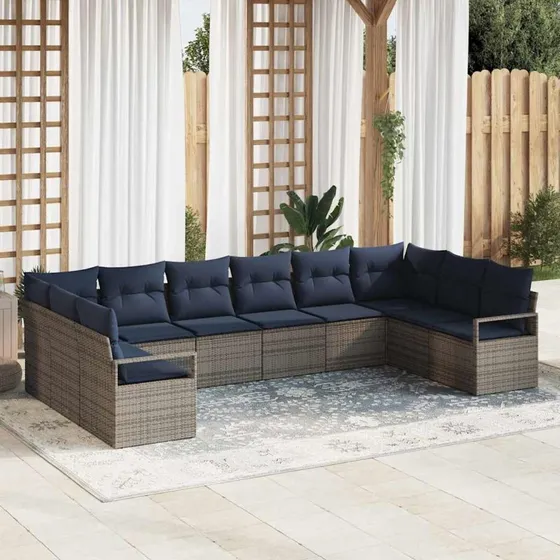 vidaXL 10-pces Grå Poly Rattan Sofa Sæt med Puder