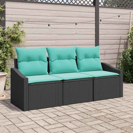 vidaXL 3-pces Sofa Sæt med Puder i Sort Polyrattan