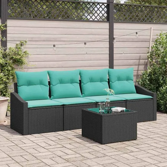 vidaXL Modulært Havesofa-sæt 5 dele, Sort/Turkis PolyRattan