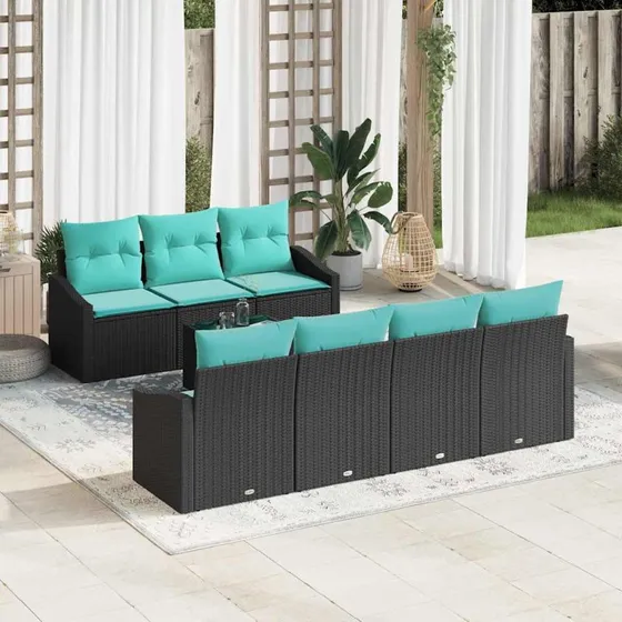 vidaXL 8-deligt modulært havesofa-sæt i sort/turkis polyrattan med puder