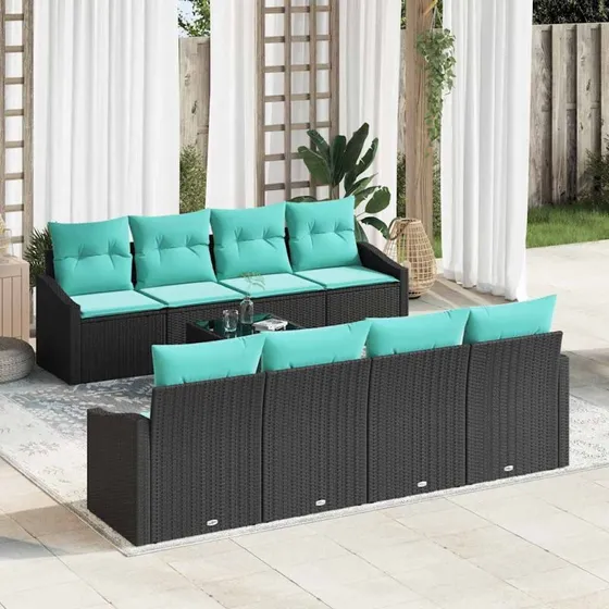 vidaXL 9-delssæt PolyRattan Sort/Turkis med Bord