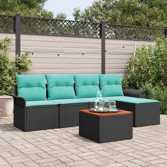 vidaXL Havesofa-sæt 6 dele sort polyrattan med puder