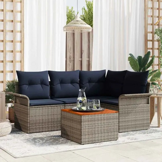vidaXL Havesofa Sæt 5-pcs Grå Polyrrattan med Puder og Akacietræsbord