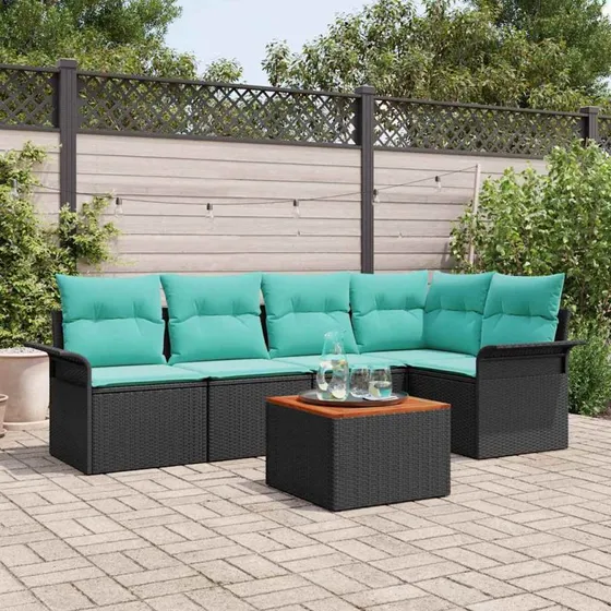 vidaXL Havesofa-sæt 6 dele Sort polyrattan med puder
