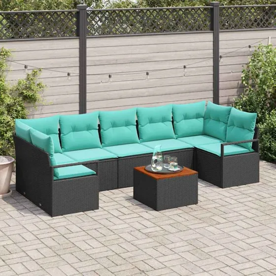vidaXL Havesofa-sæt 8 dele sort polyrattan med puder