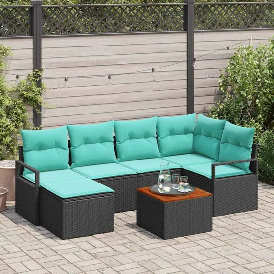 vidaXL Havesofa-sæt 7 dele sort polyrattan med puder