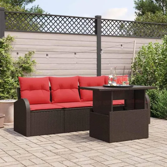 Havesofa-sæt i brun polyrattan med puder – 5 dele, justerbart bord