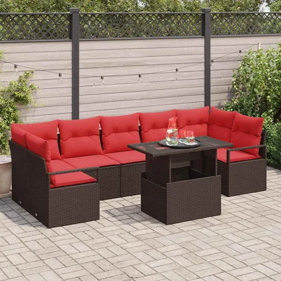 Modulært havesofa-sæt i brun/rød polyrattan med højdejusterbart bord
