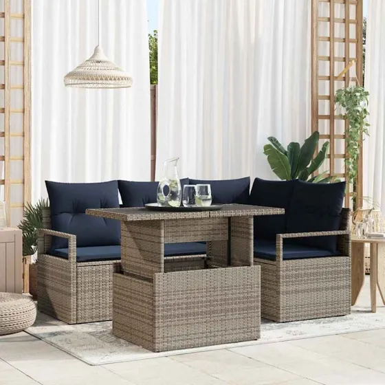 vidaXL Modulært Havesofa-sæt 5 pcs Grå/Marineblå PolyRattan