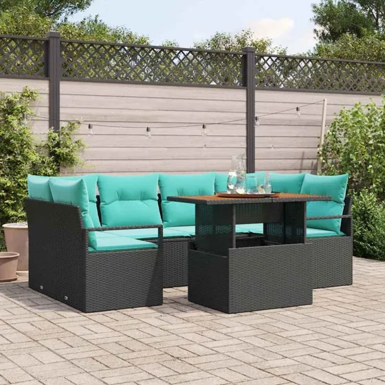 vidaXL Havesofa Sæt 7 dele Sort/Blå Poly Rattan