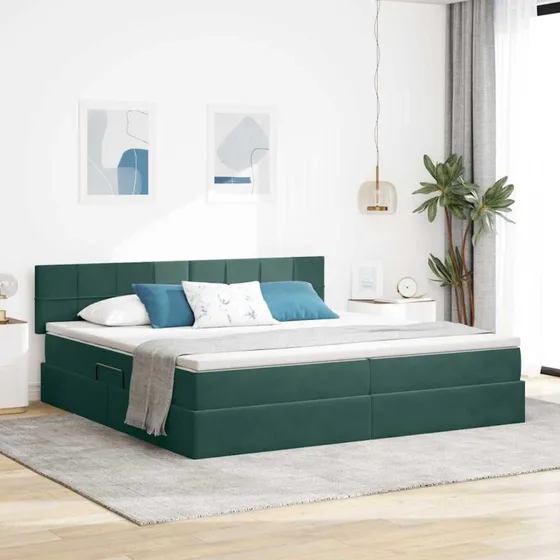 vidaXL LED opbevaringsseng 200 x 200 cm mørkegrøn fløjl med madras