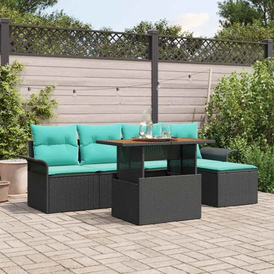 vidaXL Havesofa-sæt 6 dele med opbevaring, sort polyrattan