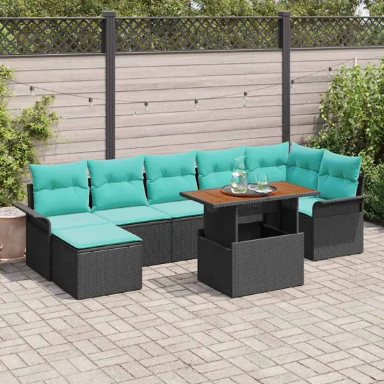 vidaXL Havesofa Sæt 8 dele med opbevaring, sort polyrattan