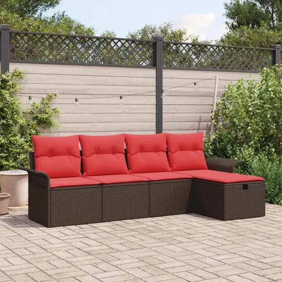 vidaXL Havesofa-sæt 5-del, brun/rød polyrattan med puder