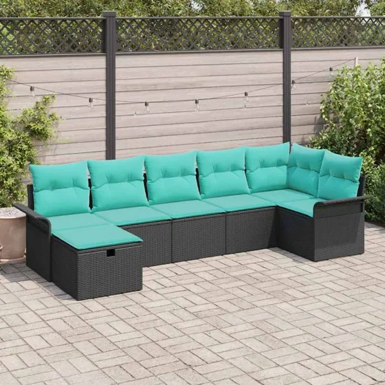 vidaXL Havesofa Sæt 7 del, sort/turkis, polyrattan