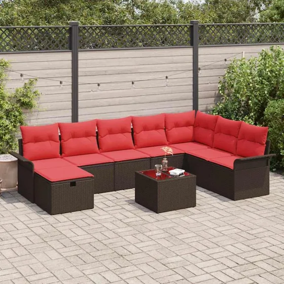 vidaXL Havesofa Sæt 9 pcs Brun/Rød PolyRattan med Puder