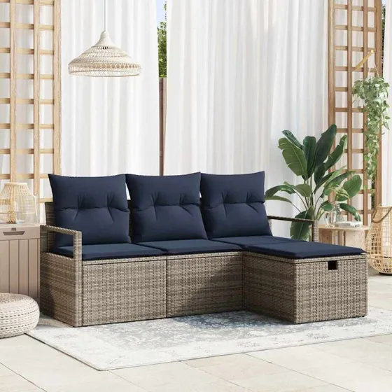 vidaXL Havesofa Sæt 4-del, Grå/Marineblå Poly Rattan