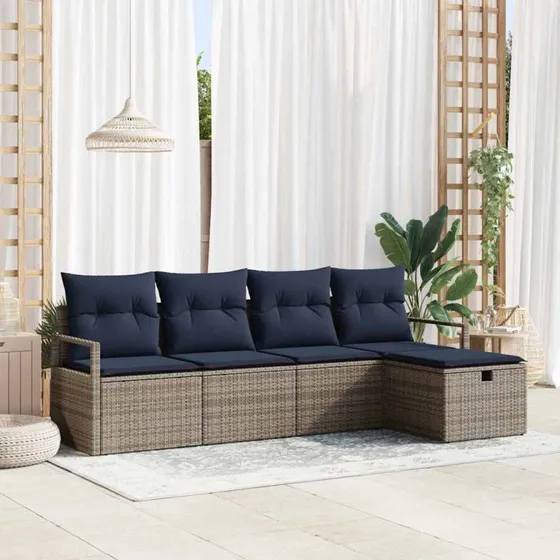 vidaXL Havesofa Sæt 5-del med opbevaring Grå Poly Rattan Marineblå Puder