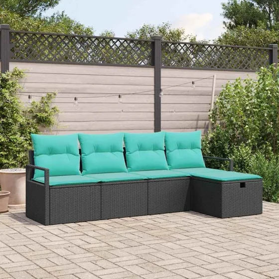 vidaXL 5-delssæt Sofa med Puder, Sort/Turkis Poly Rattan