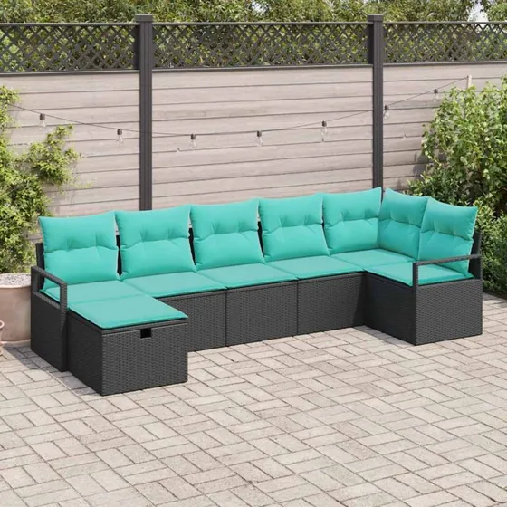 vidaXL 7-deligt havesofa-sæt med polyrattan, sort/turkis