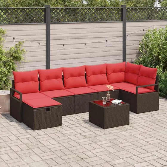 vidaXL Modulært Havesofa-sæt med Opbevaring, Brun Polyrattan med Røde Puder