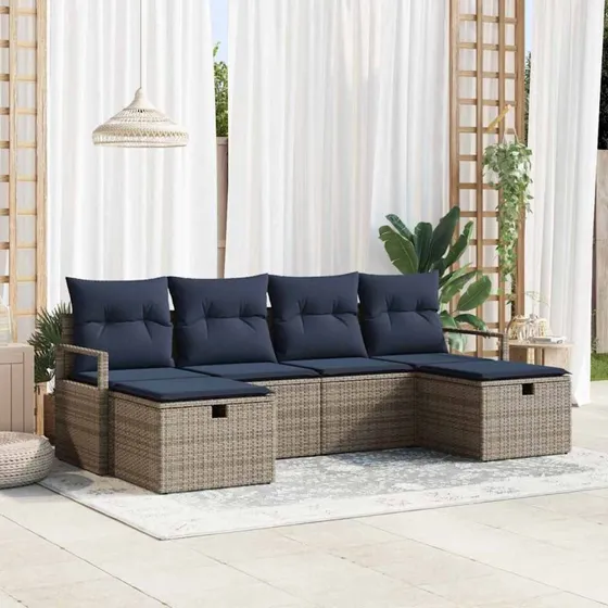 vidaXL Sofa Sæt 6-del, Grå/Marineblå Poly Rattan med Puder