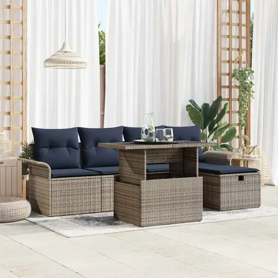 vidaXL Havesofa-sæt 6-del, grå polyrattan med opbevaring