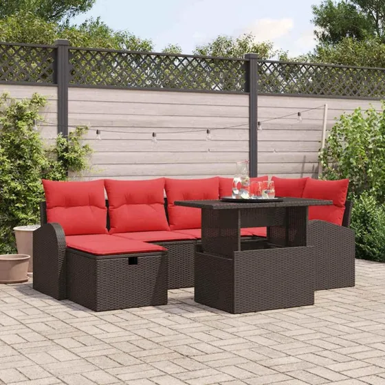 Rattan Home Havesofa-sæt i brun polyrattan med opbevaring, 7 dele, røde puder
