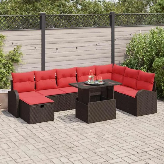 Havesofa-sæt i brun polyrattan med opbevaring – 9 dele, justerbart bord