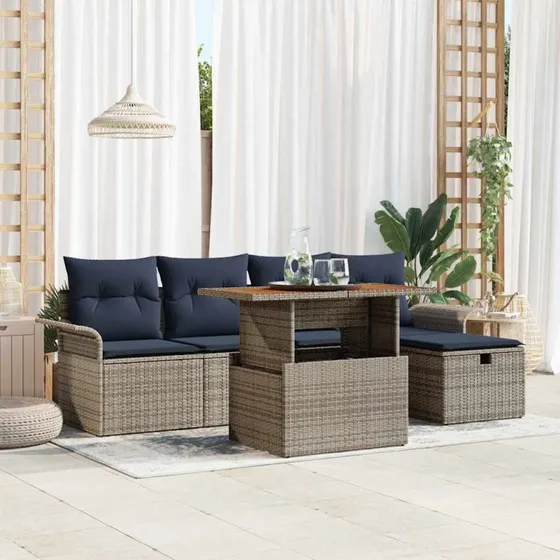 vidaXL Havesofa Sæt 6-del, Grå Polyrattan med Opbevaring
