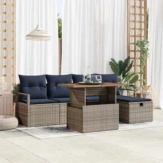 vidaXL Havesofa-sæt 6-del, grå polyrattan med opbevaring
