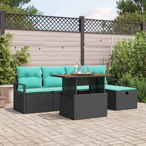 vidaXL Havesofa-sæt 6-del med opbevaringspuder, sort polyrattan