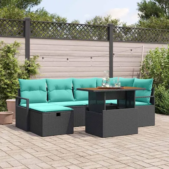vidaXL Havesofa-sæt 7 dele med opbevaring, sort polyrattan