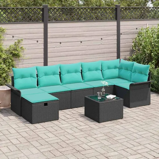 vidaXL Havesofa-sæt 8 dele med opbevaring, sort poly rattan, turkis puder