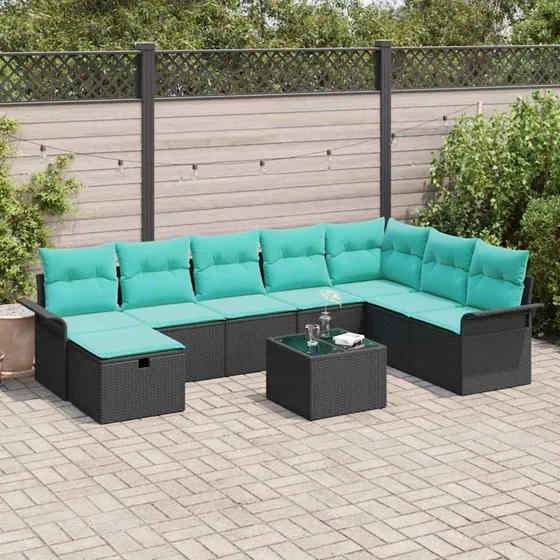 vidaXL Havesofa-sæt 9 dele med opbevaring, sort poly rattan
