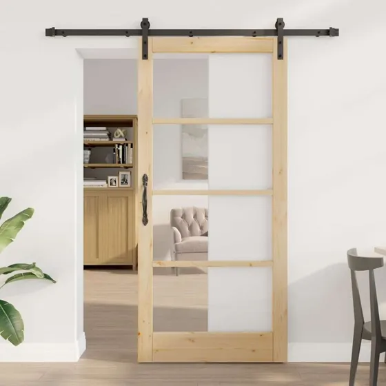 vidaXL ORKDAL Skydedør i fyrretræ og glas, naturlig/sort 93 x 202 cm