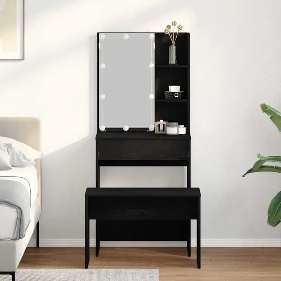 vidaXL LED Smykkebord Set med Spejllys, 2 Del, Sort Eg, Konstrueret Træ