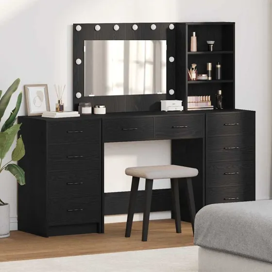 vidaXL Makeupbord med LED-spejllys, 3-del, sort eg, konstrueret træ