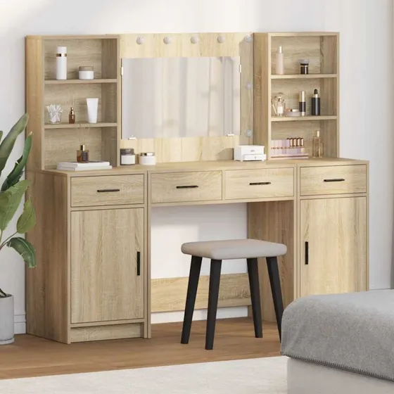 vidaXL Makeupbordssæt med LED, 3 dele, Sonoma eg, konstrueret træ