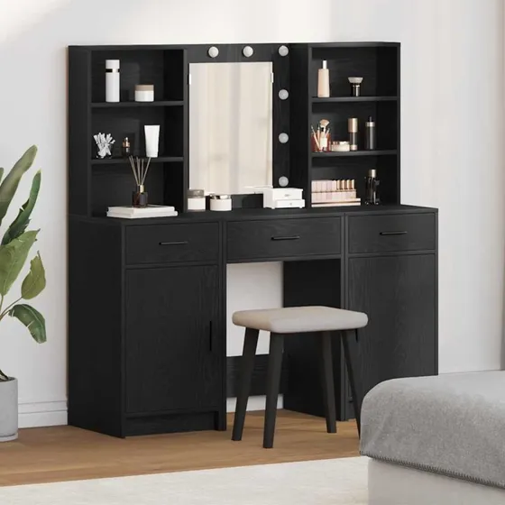 vidaXL Makeupbordssæt med LED, 3 dele, sort eg, konstrueret træ