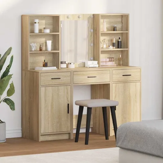 vidaXL Makeupbordssæt med LED, 3 dele, Sonoma eg, konstrueret træ