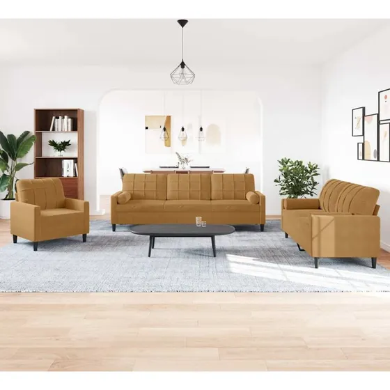 vidaXL 3-delet sofasæt i velour med hynder og bolsterpuder, brun