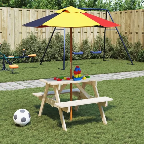 vidaXL picnicbord til 4 børn med parasol, massivt grantræ