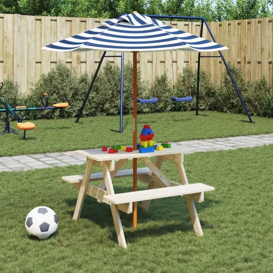 vidaXL picnicbord til 4 børn med parasol, massivt grantræ, blå/hvid