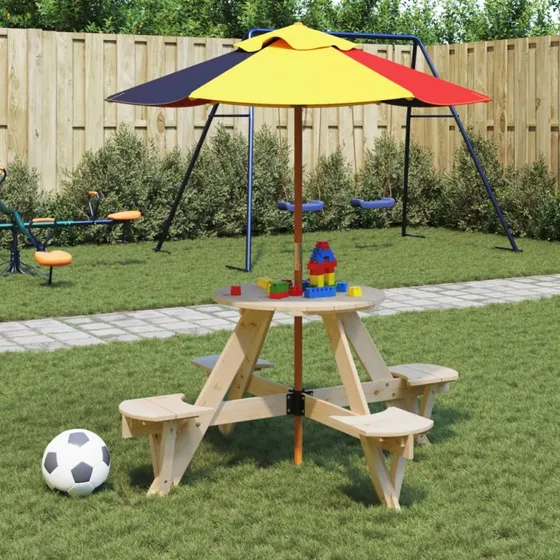 vidaXL Rundt picnicbord til 4 børn i massivt grantræ med parasol
