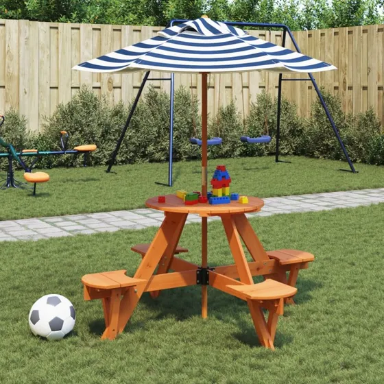 vidaXL Rundt picnicbord til 4 børn med parasol i massivt grantræ, brun/blå-hvid